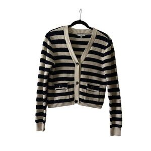 Bagatelle Striped Cardigan Navy Ivory Cropped V-Neck Button Sweater S